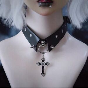 Handmade Subcultural Cross Pendant Spike Rivet Collar Choker